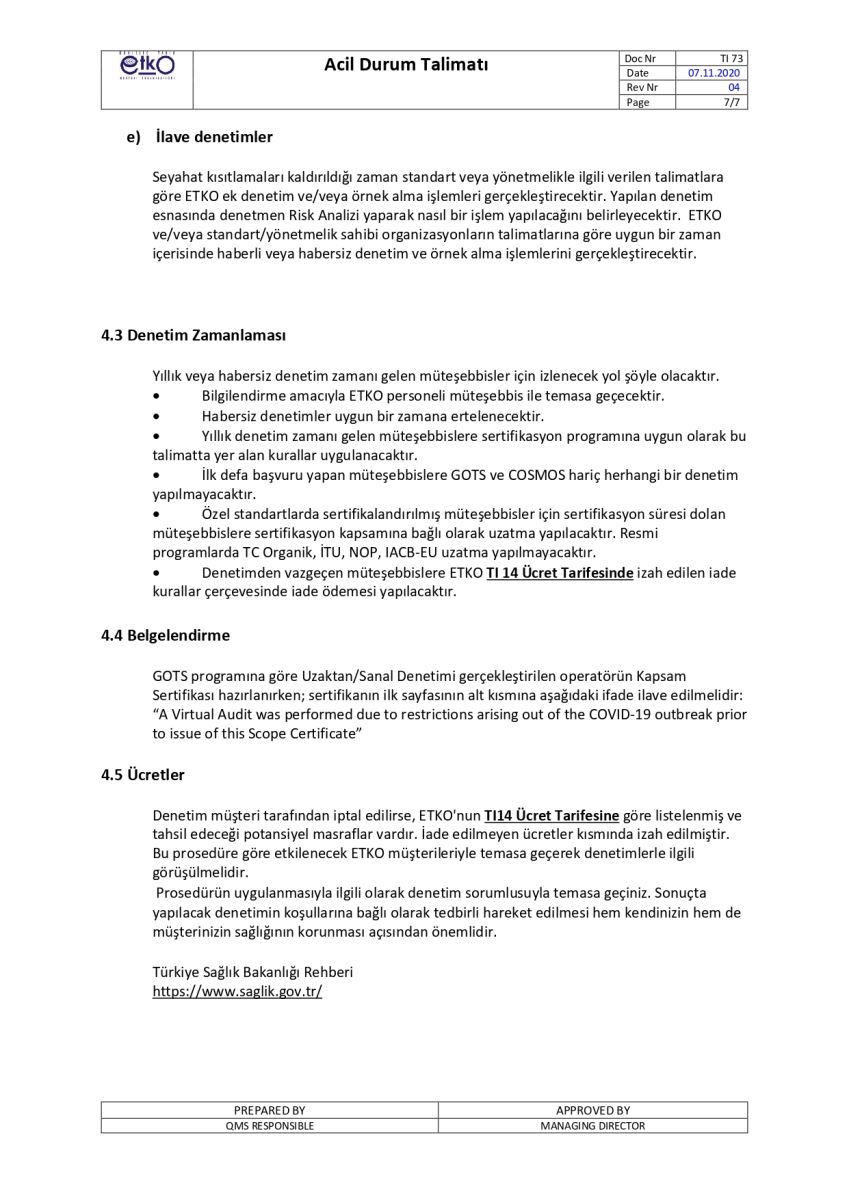 TI 73 Acil Durum Talimatı